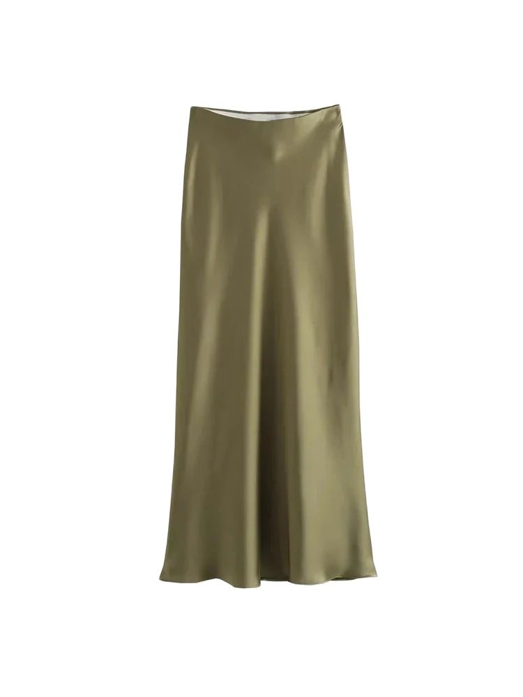 Jupe mi-longue semblable à de soie pour femmes, doux au toucher, taille haute, ceinture élastique, Chic, mode féminine, élégante
