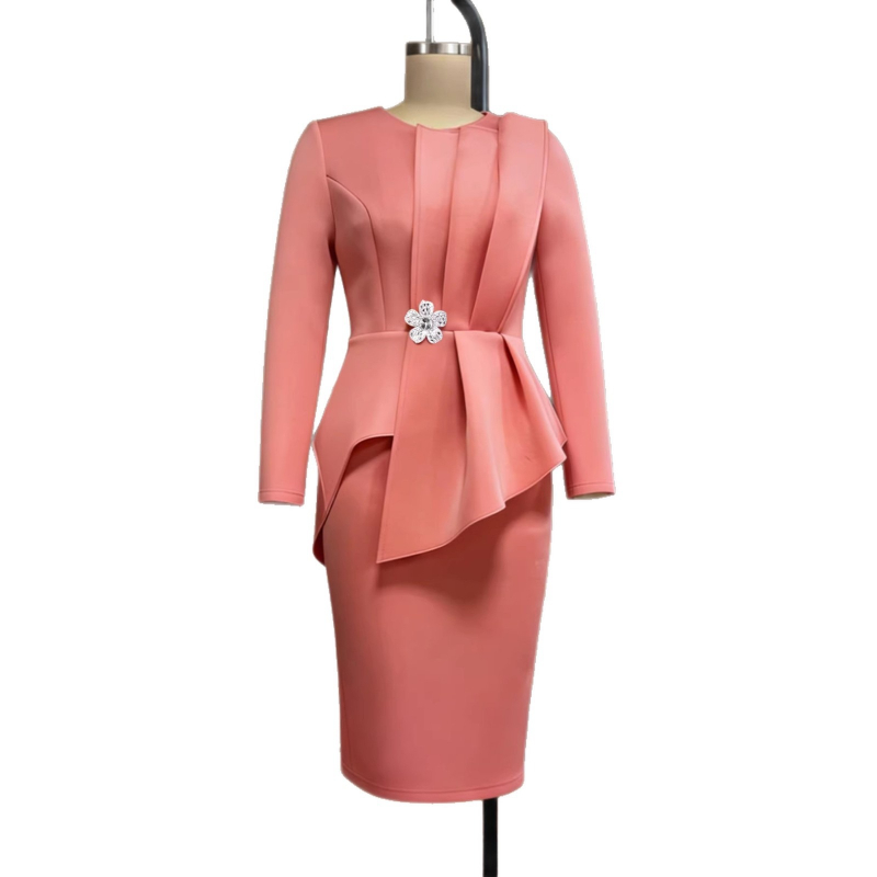 Robe mi-longue pour femme, style Y2K, streetwear, à volants, col rond, manches longues, coupe ajustée aux hanches, élégante pour soirée, taille cintrée