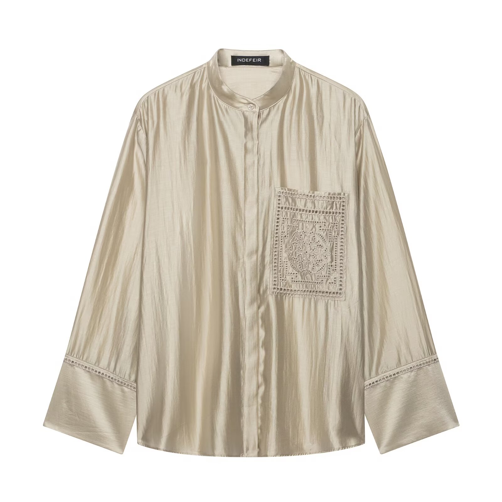 Chemisier élégant texturé BSAY pour femme, col mandarin, patte de boutonnage entièrement ouverte, broderie, poche, manches longues, coupe ample, chemise de bureau