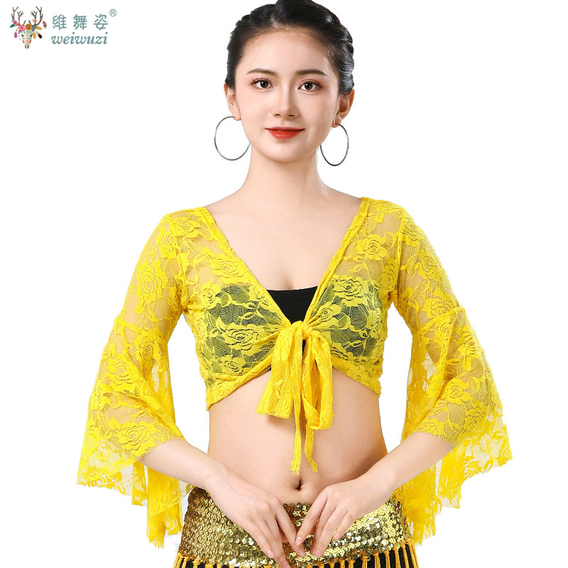 Costume de danse du ventre pour femmes, manches évasées en maille, châle à lacets, boléro, hauts, chemise de Ballet latine, Costume de spectacle