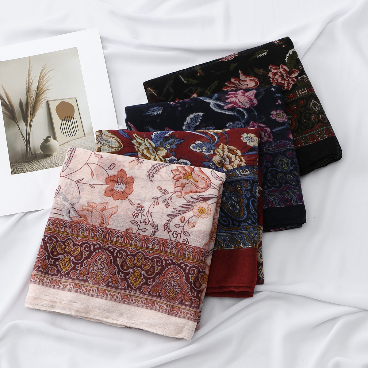 Nouveaux Hijabs Châles Voiles Imprimés Floraux pour Femmes, Foulard Musulman en Viscose Coton Fin et Doux, Turban Voile, Foulard, Écharpe Longue, Couvre-chefs