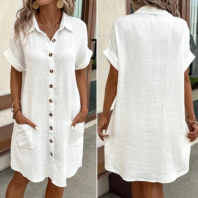 Robes amples en mousseline 100% coton pour femmes, manches courtes, boutons avec poches, décontractées, mode d'été, confortables, blanches