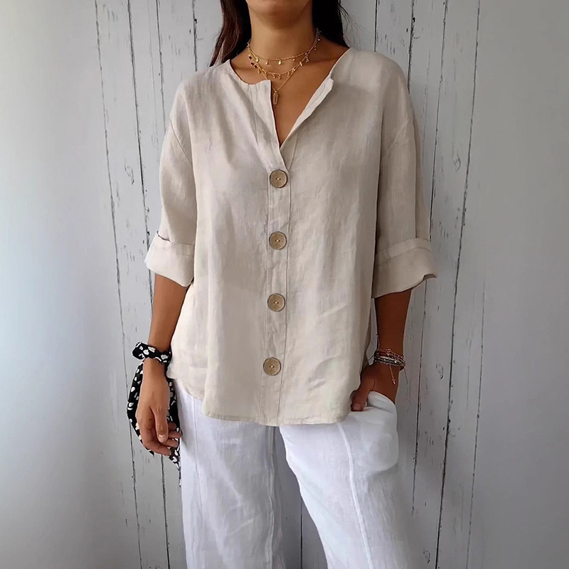 Chemise ample d'été pour femmes, col en v, coton et lin, boutons, chemises décontractées, couleur unie, mode élégante, vêtements de bureau pour femmes, chemisier 2025