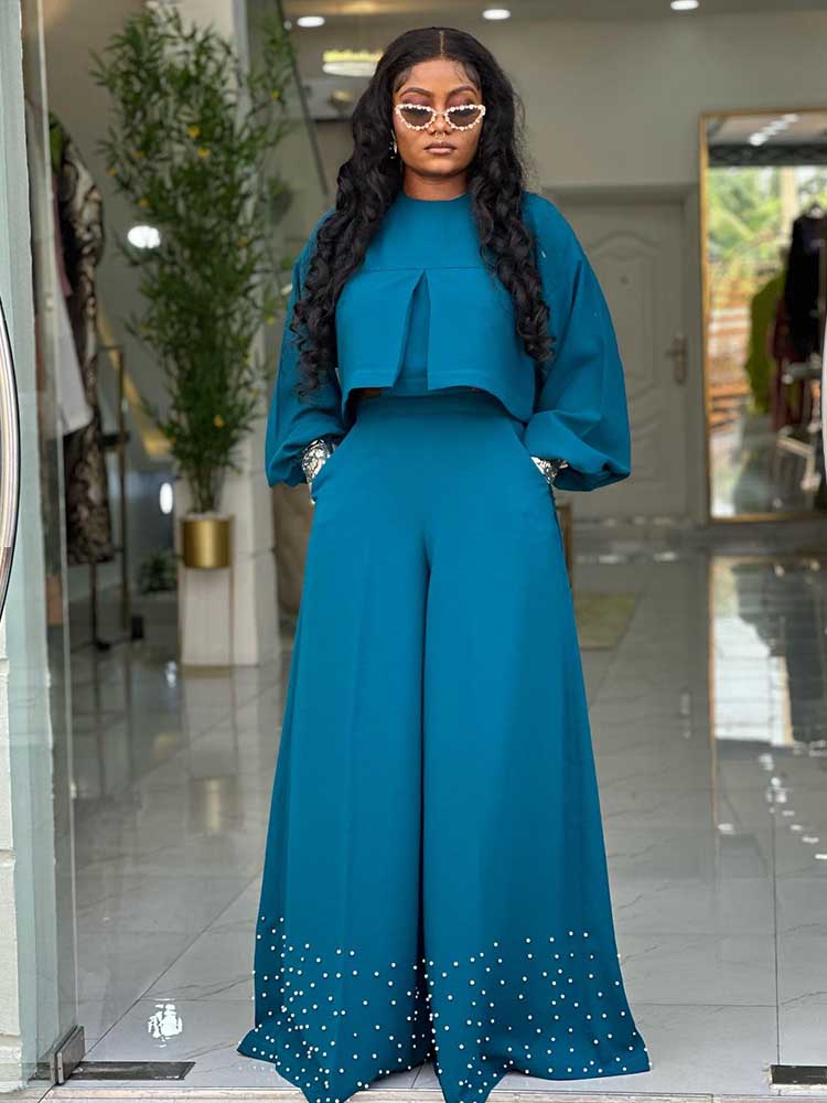 Vêtements de printemps pour femmes, ensemble 2 pièces, tenue pour femmes, manches lanternes, costume avec pantalon large et haut, ensembles élégants pour dames