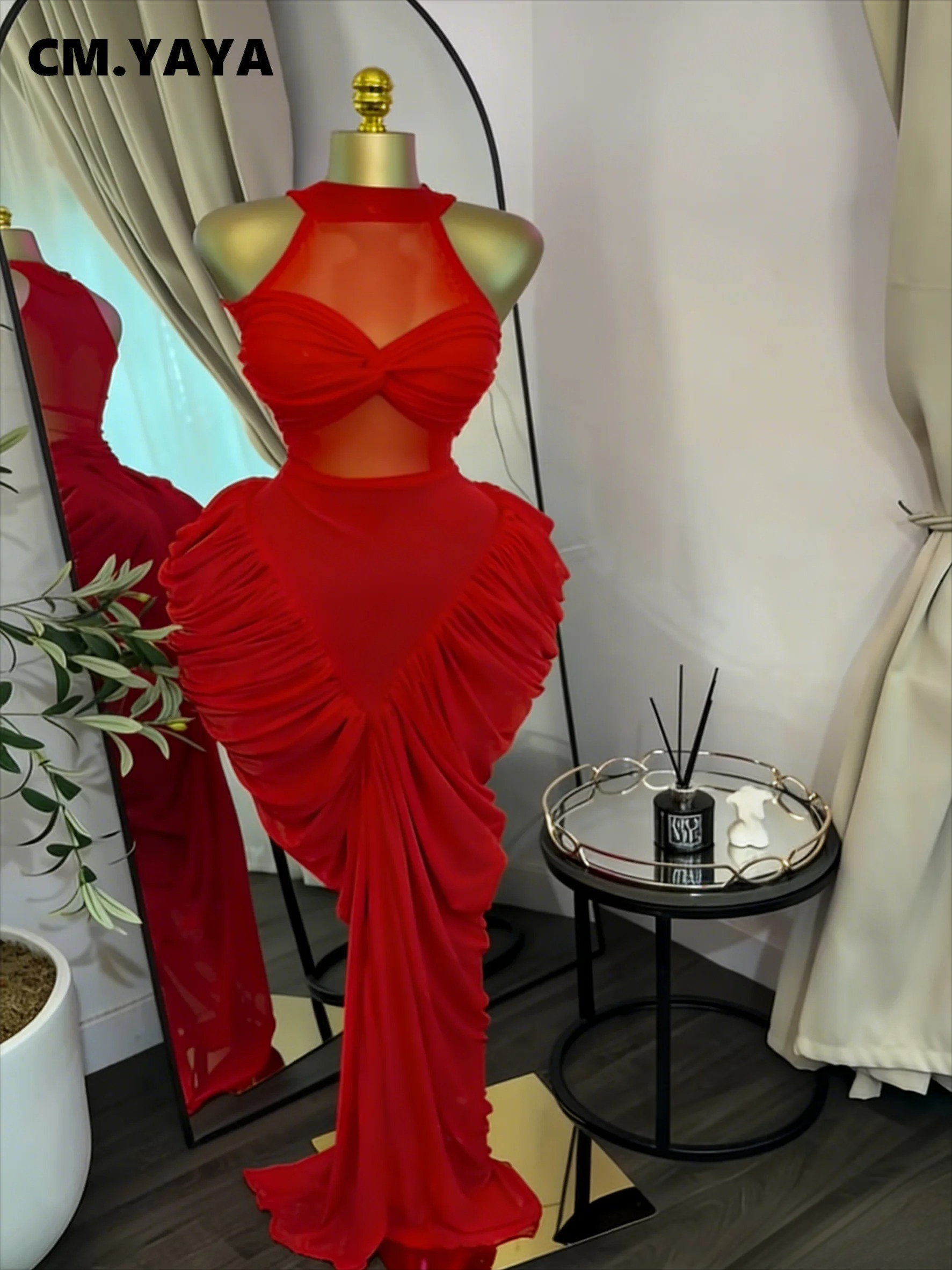 CM.YAYA Robe longue maxi smockée sans manches pour femme, avec patchwork, fronces et lacets, idéale pour les vacances, les soirées et les anniversaires - Vestidos