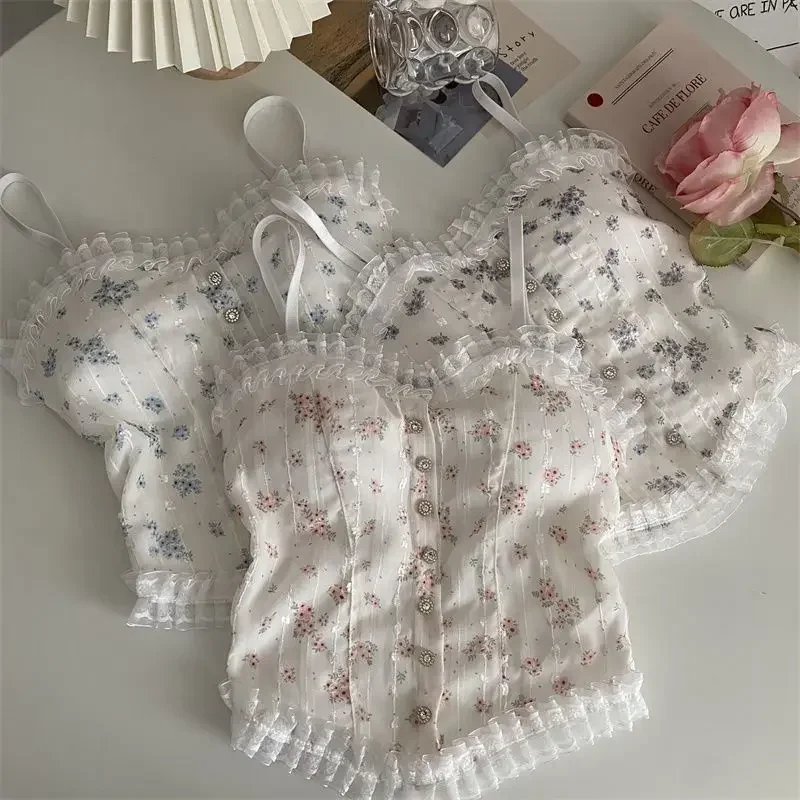 Camisole à ourlet d'oreille en bois floral français pour femmes, vêtements d'extérieur pour femmes avec dos en dentelle respirante, beaux sous-vêtements pour l'été