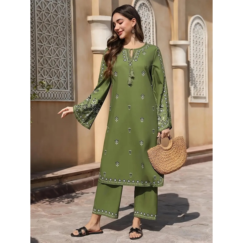 Ensemble Salwar Chic Bohème 2 Pièces, Imprimé Ethnique, Léger et Non Transparent, Mode Ramadan avec Poignets et Ourlet Évasés pour Femme, Idéal pour l'Extérieur