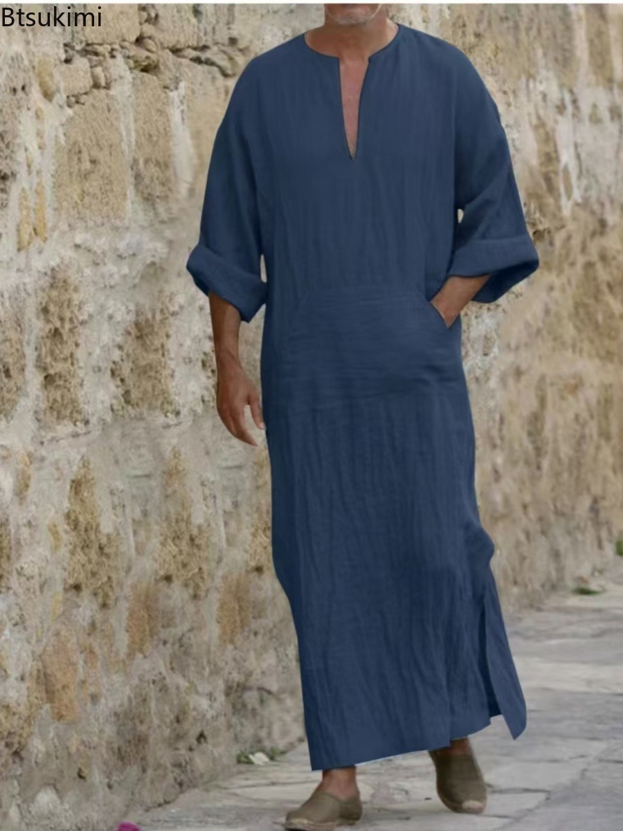 Nouveaux T-shirts longs en coton et lin pour hommes 2026, Abayas décontractées unies, Jubba Thobe Kaftan, Robes arabes islamiques à col en V et manches longues