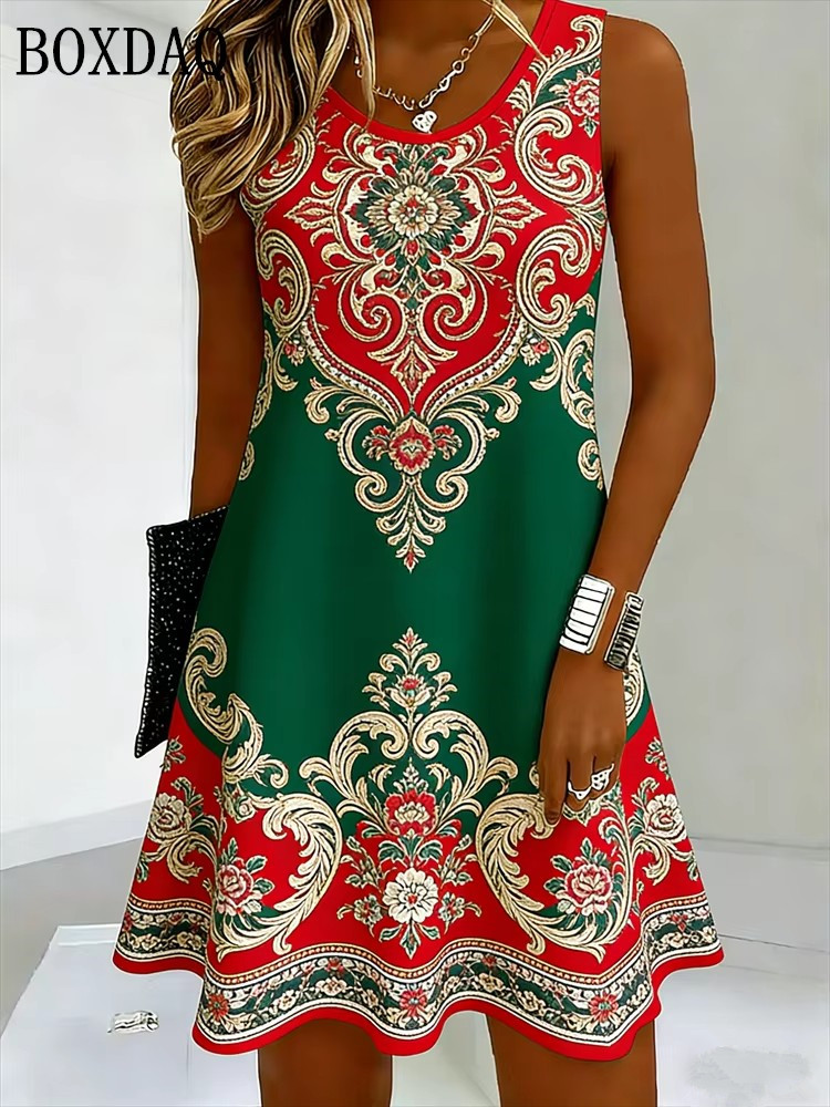 Robe Bohème Sans Manches pour Femme, Coupe Ample, Grande Taille, Décontractée, Imprimé Ethnique Rétro, Nouvelle Collection Été 2026