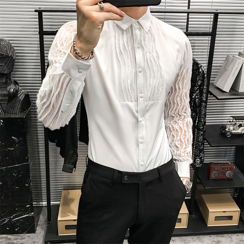 Chemises ajourées en dentelle pour hommes, manches longues, coupe Slim, Streetwear, fête sociale, Blouse, discothèque, chanteur, vêtements Dj, Camisas Para Hombre