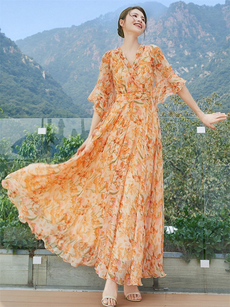 Femmes nouveau col en v jupe longue florale femme 2025 été élégant vacances Cool sentiment en mousseline de soie taille cintrée jupe impression robe