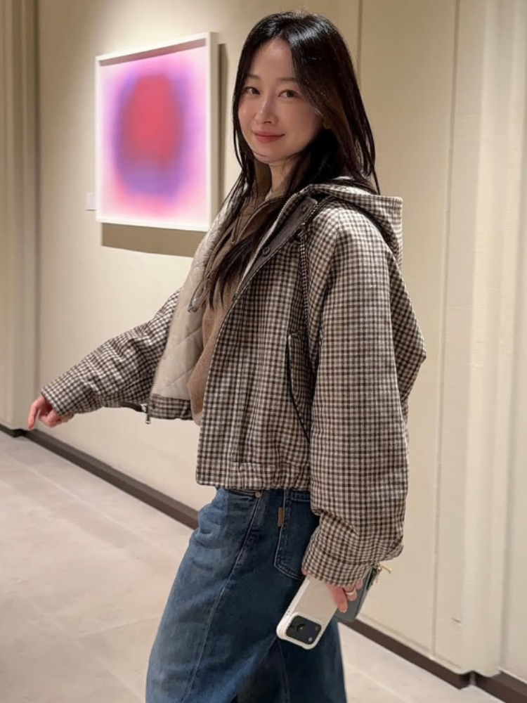 Vestes décontractées à capuche zippées pour femme, avec poche avant, motif écossais beige, ourlet à cordon de serrage, coupe-vent légers, streetwear printemps-automne
