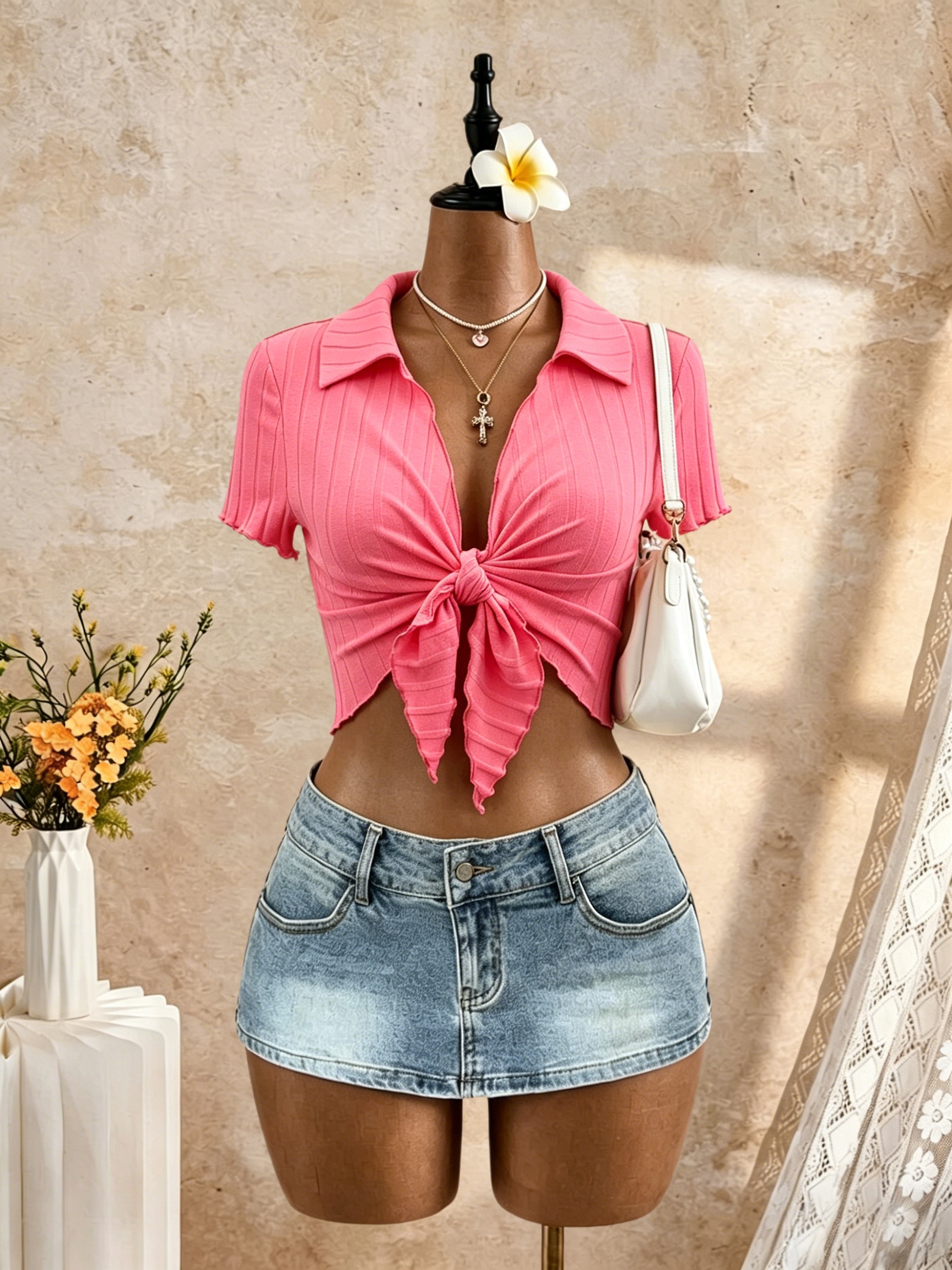 Haut court pour femme à col polo, avec nœud sur le devant, manches courtes, en tricot côtelé, poignets à volants, rose uni, coupe ajustée, style Y2K, été