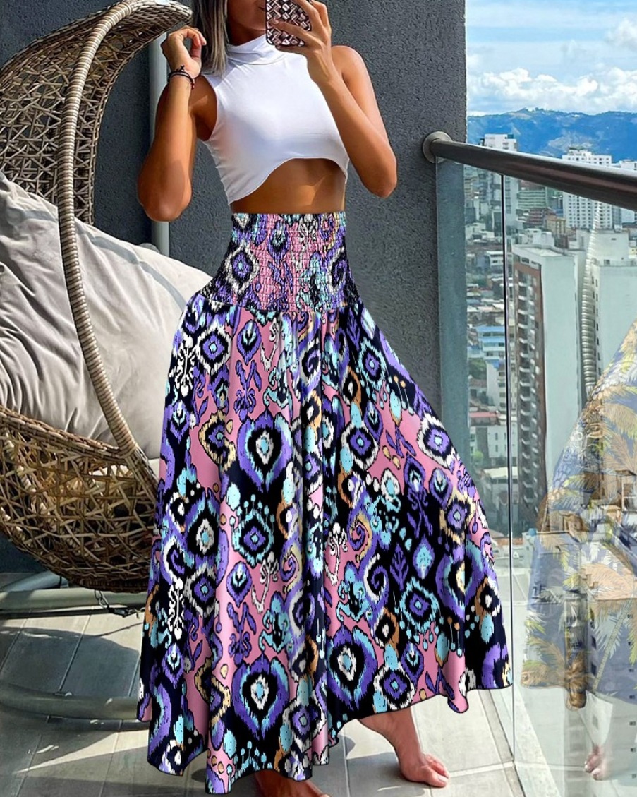 Jupe longue pour femme à taille haute et élastique, style bohème, imprimé géométrique, fluide, maxi, pour l'été et la plage