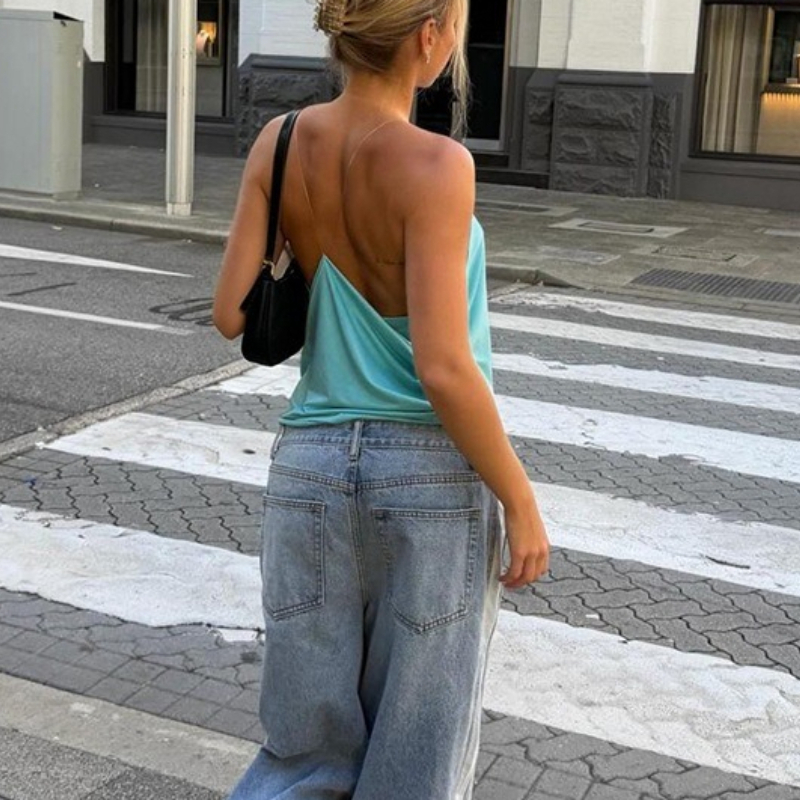 Débardeur plissé dos nu pour femme, style plage, col en V, sans manches, coupe ample, sexy, collection Printemps-Été 2026, idéal pour les vacances, couleur unie