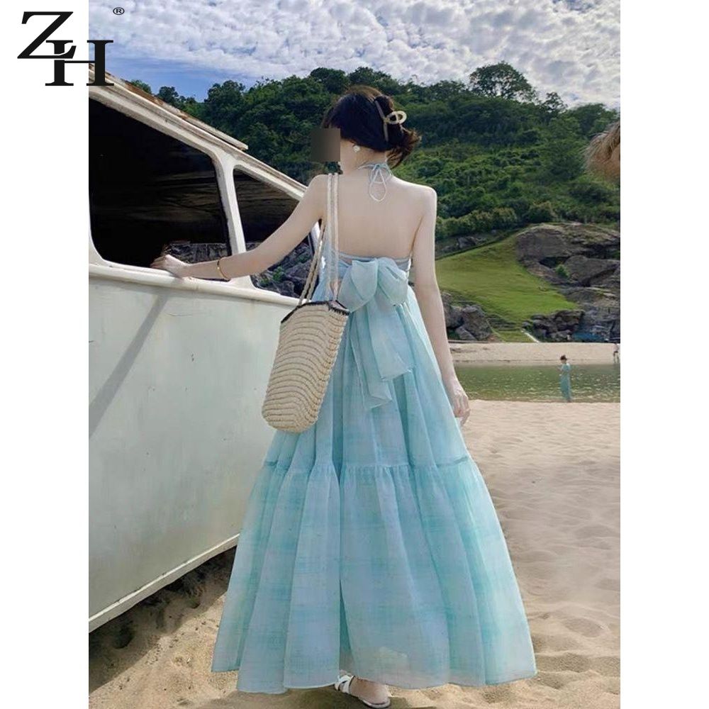Robe de plage longue à bretelles françaises, style féerique, dos nu, avec nœud, fluide et à volants, idéale pour les vacances à la mer et les pauses thé.