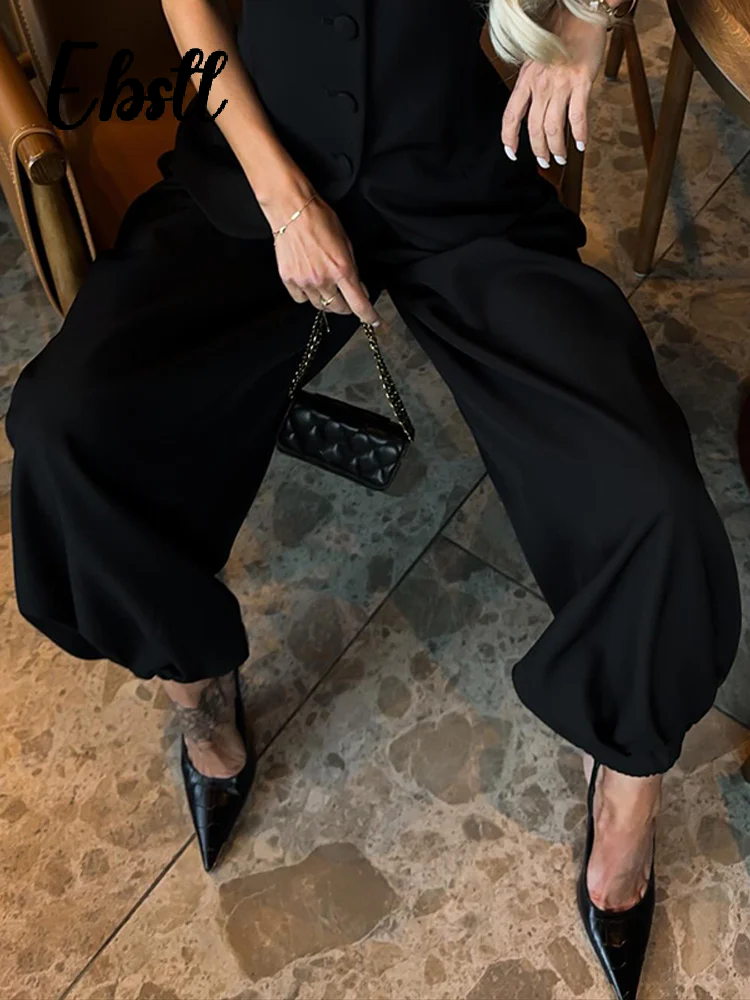 Ensemble élégant haut à manches courtes et pantalon pour femme, couleur unie, col rond, hauts cintrés à boutonnage simple, pantalon ample coupe lanterne, tenues 2026