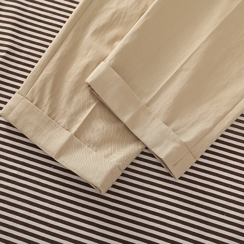 Pantalon décontracté pour homme en tissu mélangé, coupe droite décontractée, couleur kaki clair, avec bouton parisien, en coton.