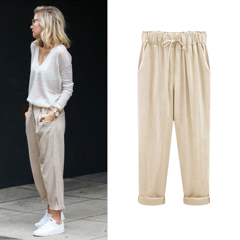 Pantalon en lin coton, élastique mi-taille rinçage longueur pantalon, décontracté femmes adt printemps pantalon, pantalon femme taille M-5XL 6XL 7XL 8XL