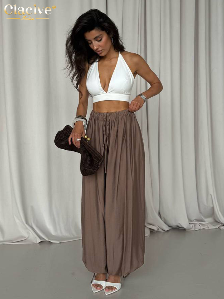 Clacive mode ample marron femmes pantalons 2025 décontracté taille haute pantalon à jambes larges élégant classique solide pantalon femme vêtements