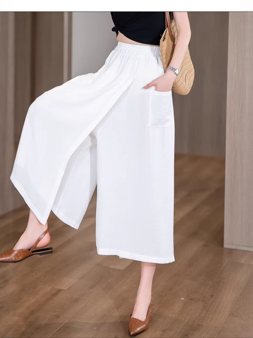 Jupe-pantalon décontractée asymétrique taille haute amincissante, coupe ample, matière fine, style décontracté confortable, pantalon à jambes larges pour grandes tailles