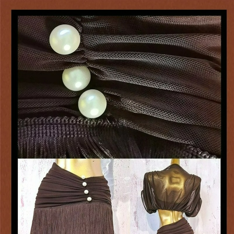 Robe de danse latine marron pour femmes, haut en maille, jupe à franges perlées, vêtements de danse pour compétition de Samba Jazz Cha Cha