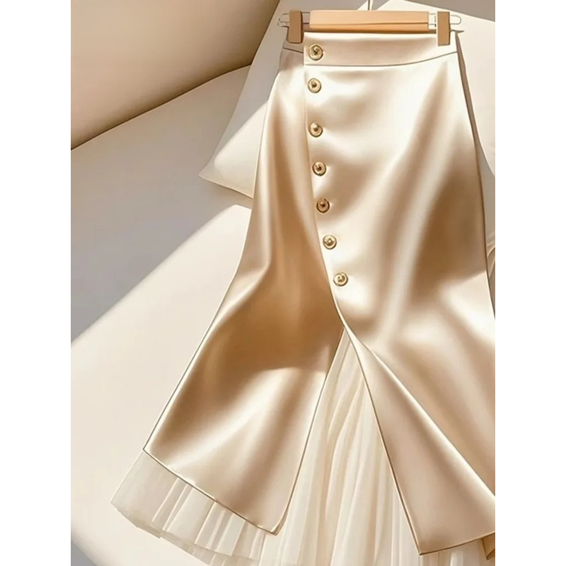 Jupes longues élégantes en Satin pour femmes, jupe Maxi en maille épissée, simple boutonnage, fente, nouvelle jupe pour les déplacements, 2025