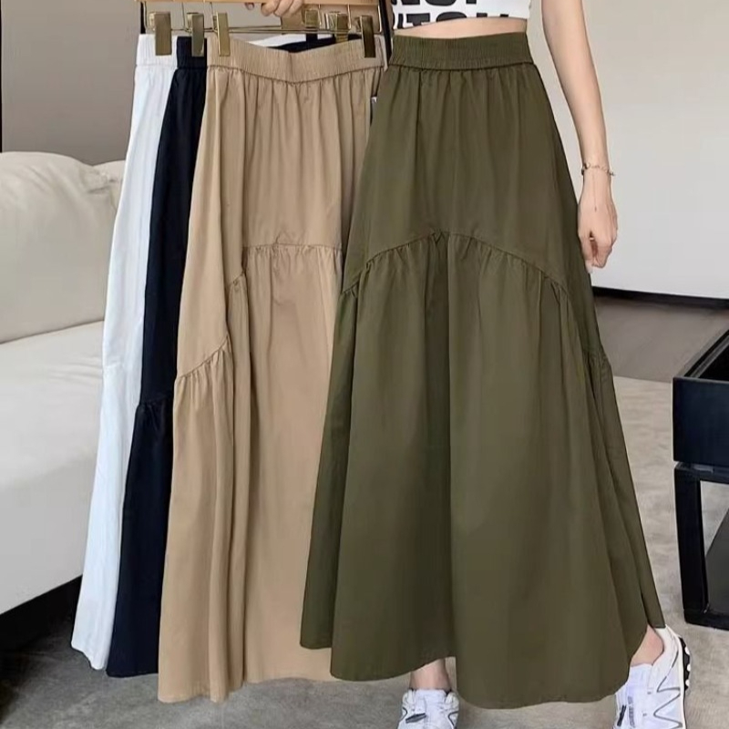 Jupe noire femmes corée été de 2025 Style coréen à la mode plissée Patchwork taille élastique jupe longue femme