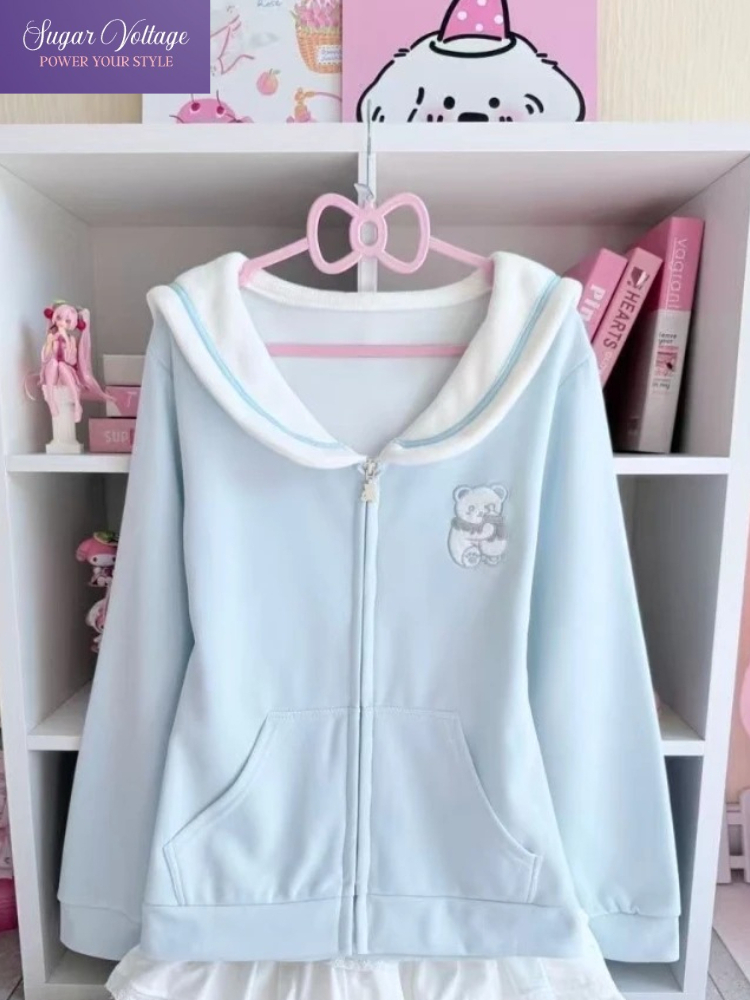 Veste japonaise douce et kawaii pour femmes, manches longues, bleu, fermeture éclair, broderie, sweat-shirt ample, style preppy, vêtements mignons et tendance