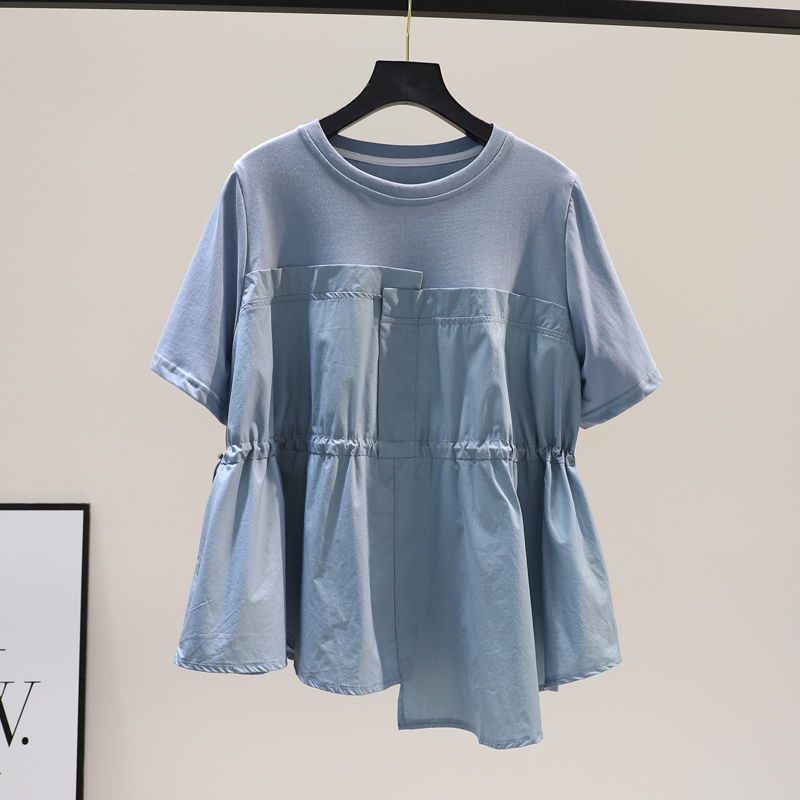 Femmes vêtements contraste irrégulier Patchwork tendance hauts été nouveau à manches courtes cordon ample Vintage t-shirts mode décontracté