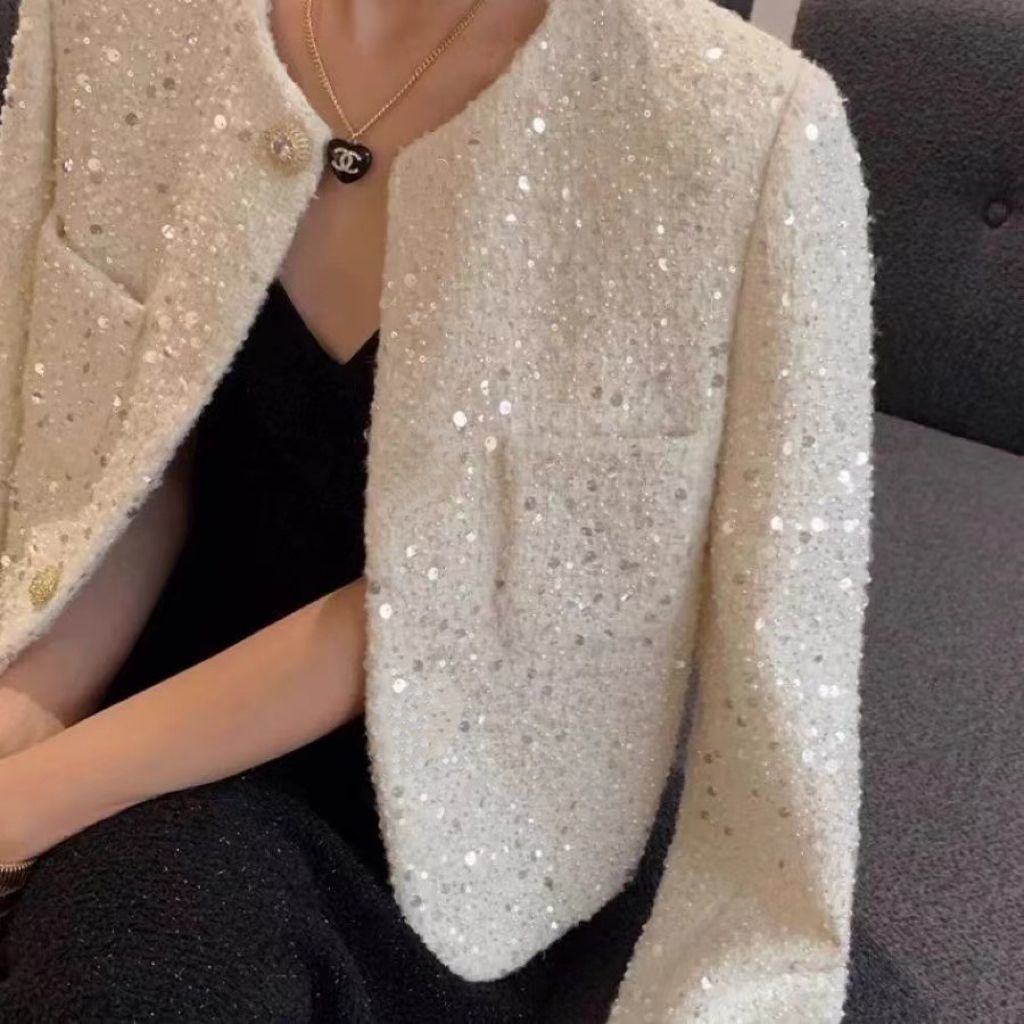 Chic paillettes doux Tweed veste femmes automne élégant à manches longues mince manteau mode coréenne col rond conception femme tout Match nouveaux hauts