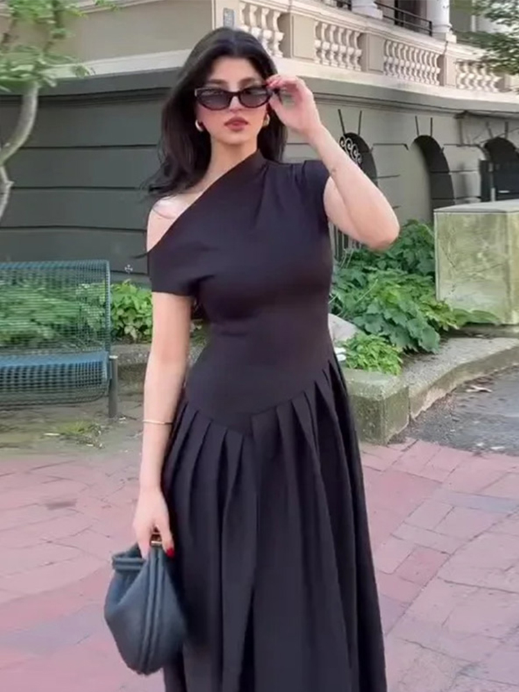Robe longue élégante pour femmes, ample, col incliné, sans manches, ligne A, couleur unie, mode printemps été, taille haute, 2025
