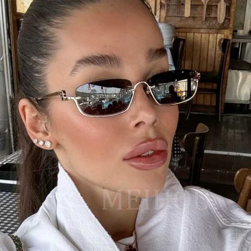 Lunettes de soleil demi-cerclées carrées pour femmes, marque de luxe, petites montures métalliques, style rétro rectangulaire, noires, lunettes de soleil tendance pour femme.