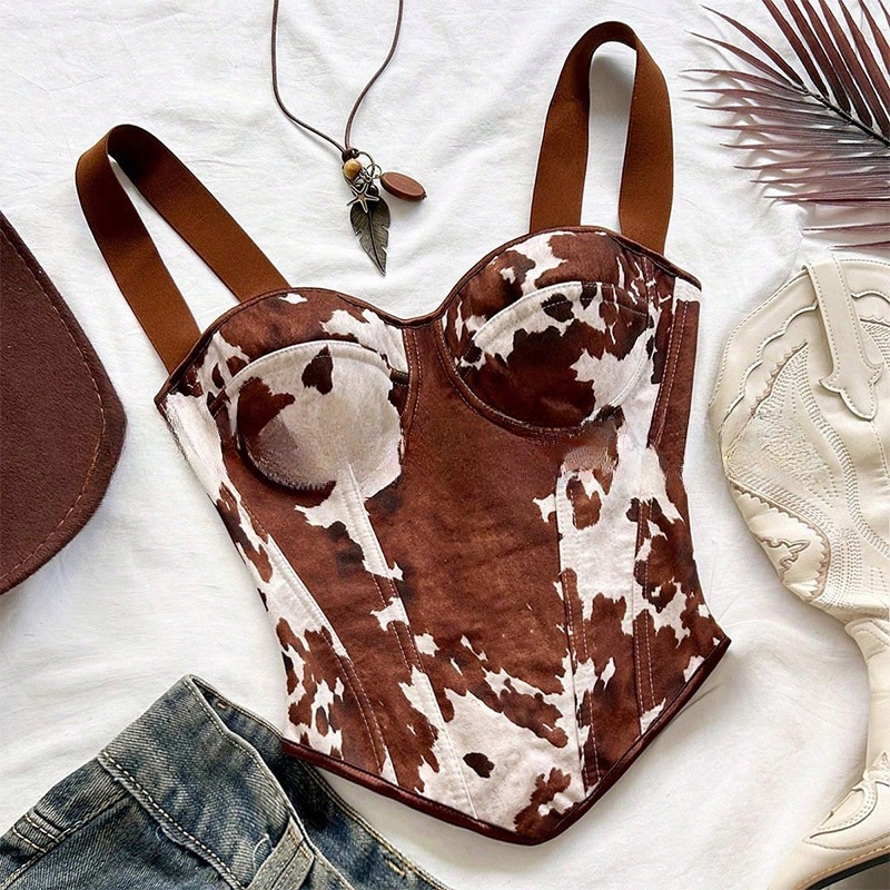 Haut corset à lacets imprimé vache pour femme, sans manches, en daim, style western, pour festival de musique, concert, tenue sexy de cowgirl, déguisement médiéval