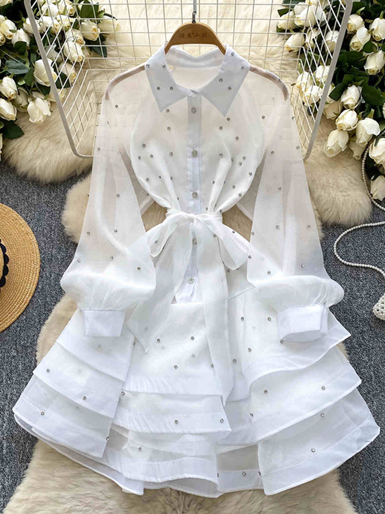 Robe française à volants cloutée en diamant pour femmes, avec bretelles, manches longues, cintrée, robe de soirée moelleuse, printemps-automne, C200