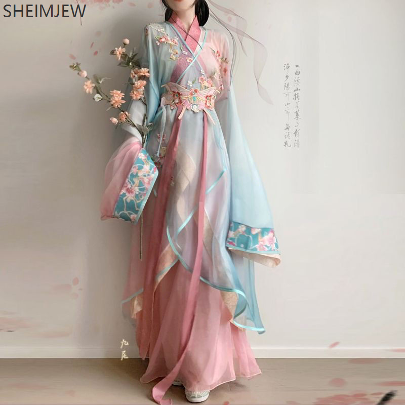 Vêtements chinois d'été Hanfu costume amélioré brodé états de guerre Robe quotidienne courte mince Style palais dames rose Hanfu costume