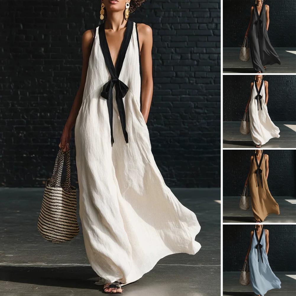 Robe longue maxi sans manches pour femme, col en V profond, color block, fluide et ample, style débardeur, pour l'été, la plage et les vacances, avec poches