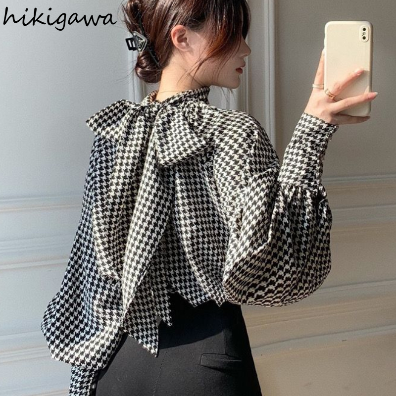Mode chemises à carreaux pour les femmes col montant pansement nœud lanterne manches Blouses coréen Vintage hauts amples 2025 Camisas De Mujer