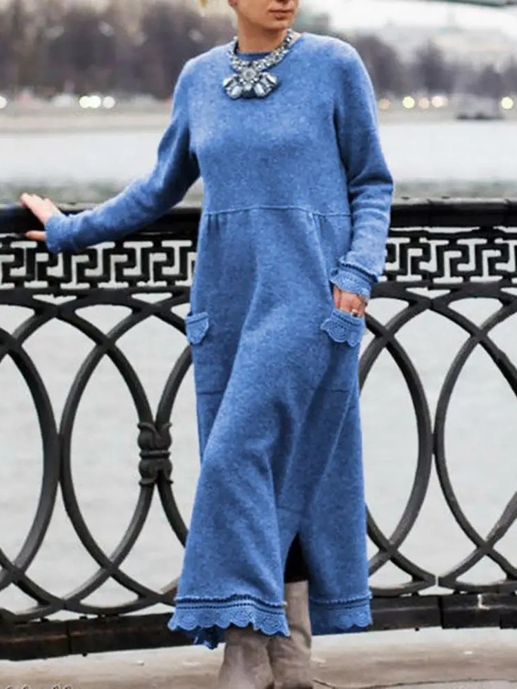 Robe longue en dentelle pour femmes, ample, Maxi, décontractée, couleur unie, avec poches, nouvelle collection automne hiver 2024
