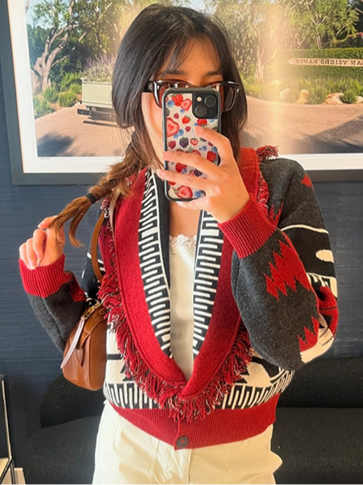 Cardigan imprimé Patchwork à franges pour femme, ceinture, col rabattu, manches longues, tricoté, pull de rue, Vintage, manteau d'automne 2025