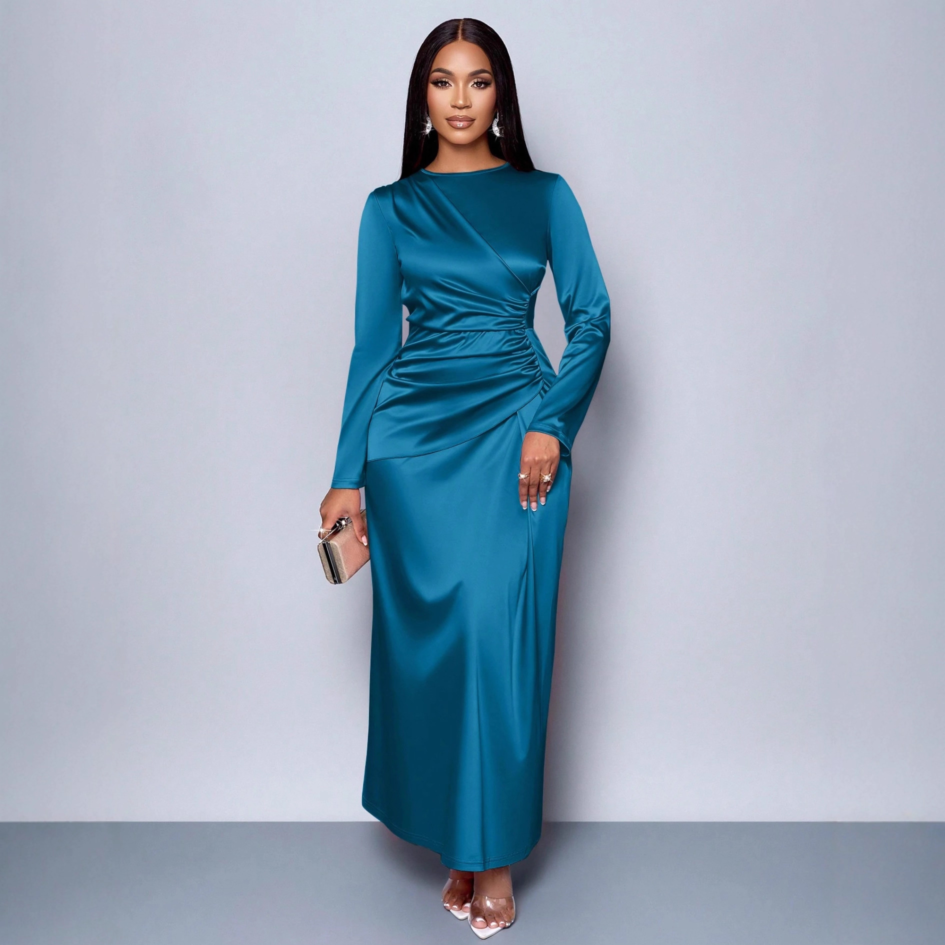 Robe longue pour femme, style Y2K streetwear, col rond, manches longues, taille ajustée, élégante et sexy, pour soirée, fête ou travail 2026