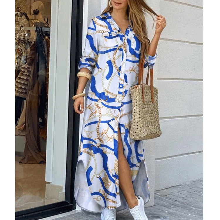 Robe chemise à manches longues pour femmes, robes imprimées Boho décontractées, mode d'été, simple boutonnage, bouton, fête, robe Maxi féminine, robe éducative