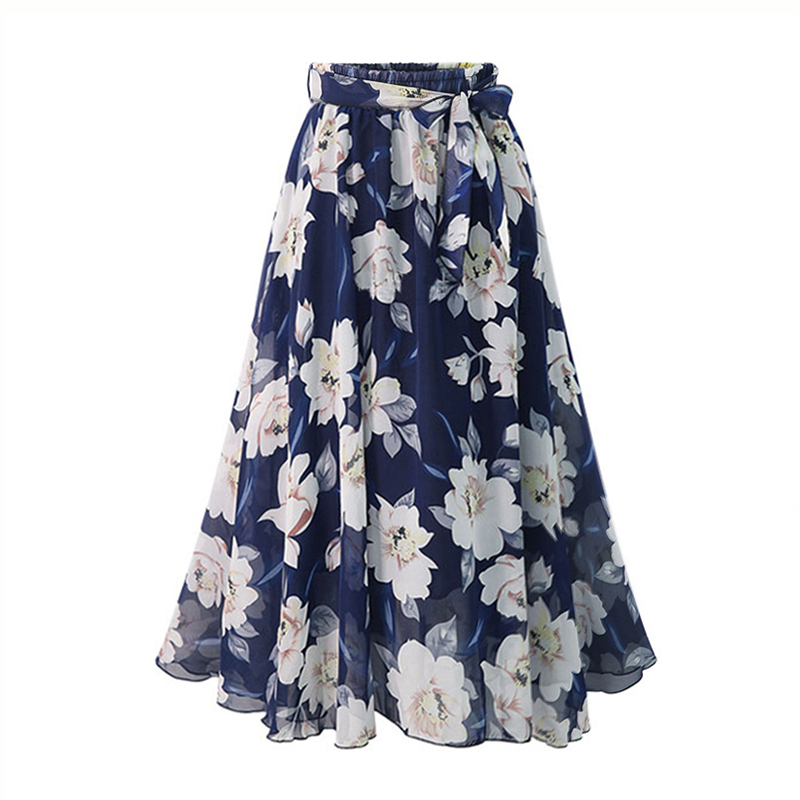 Grande taille imprimé Jupe florale femmes 2024 été ample élastique taille haute en mousseline de soie jupes mi-longues à lacets nœud L-5XL Swing Jupe Femme