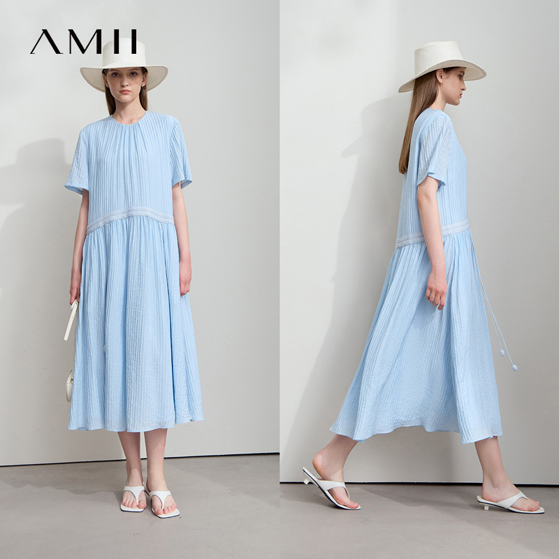 AMII Nouvelle Robe Minimaliste Femme Été Col Rond Manches Courtes Fleurie Ruban Épissé Longue Robe Tendance Vêtements 12542085