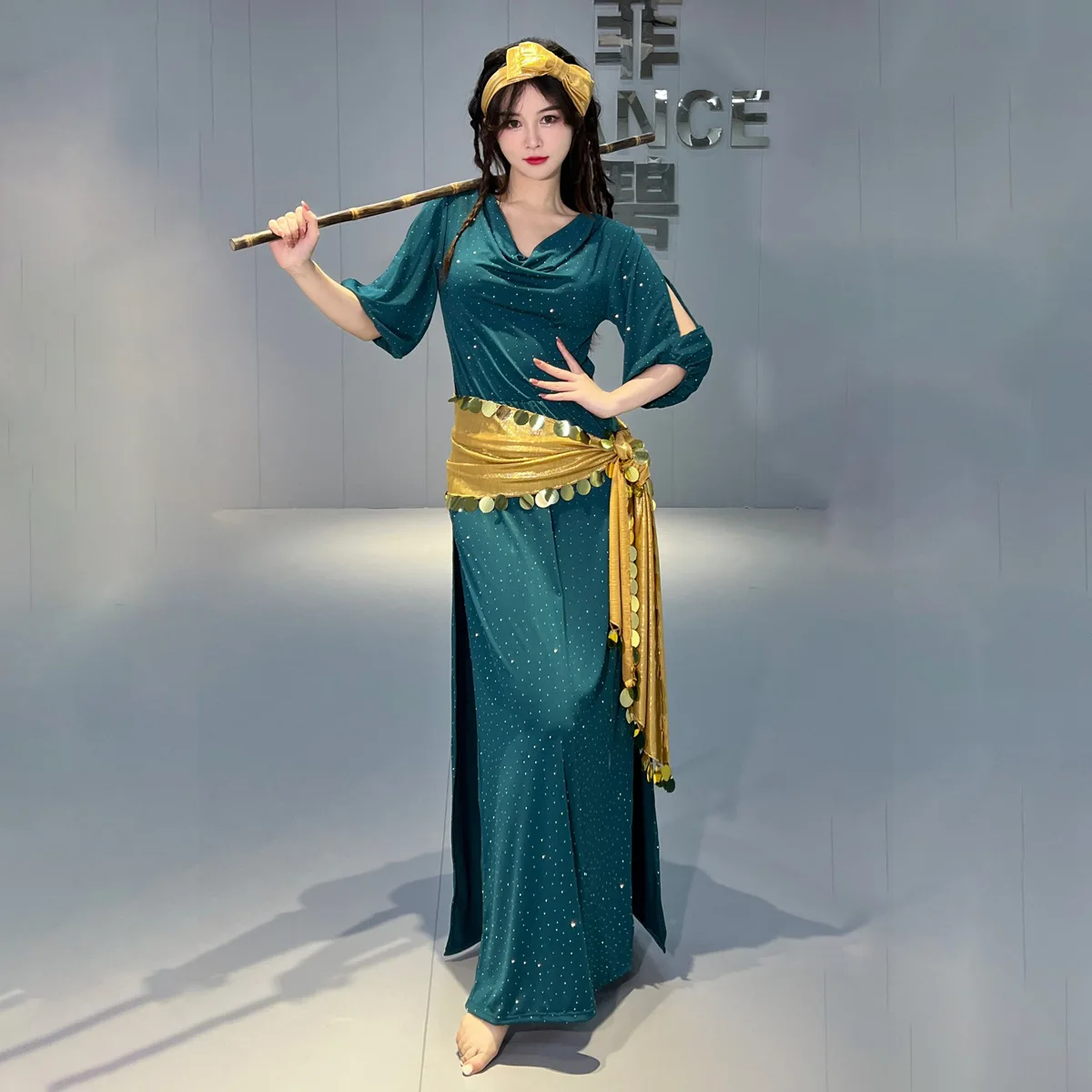 Shabbi Baladi Performance Robes pour femmes, ensemble de olympiques de danse du ventre, robe en coton à demi-manches, coiffure et ceinture, 3 pièces