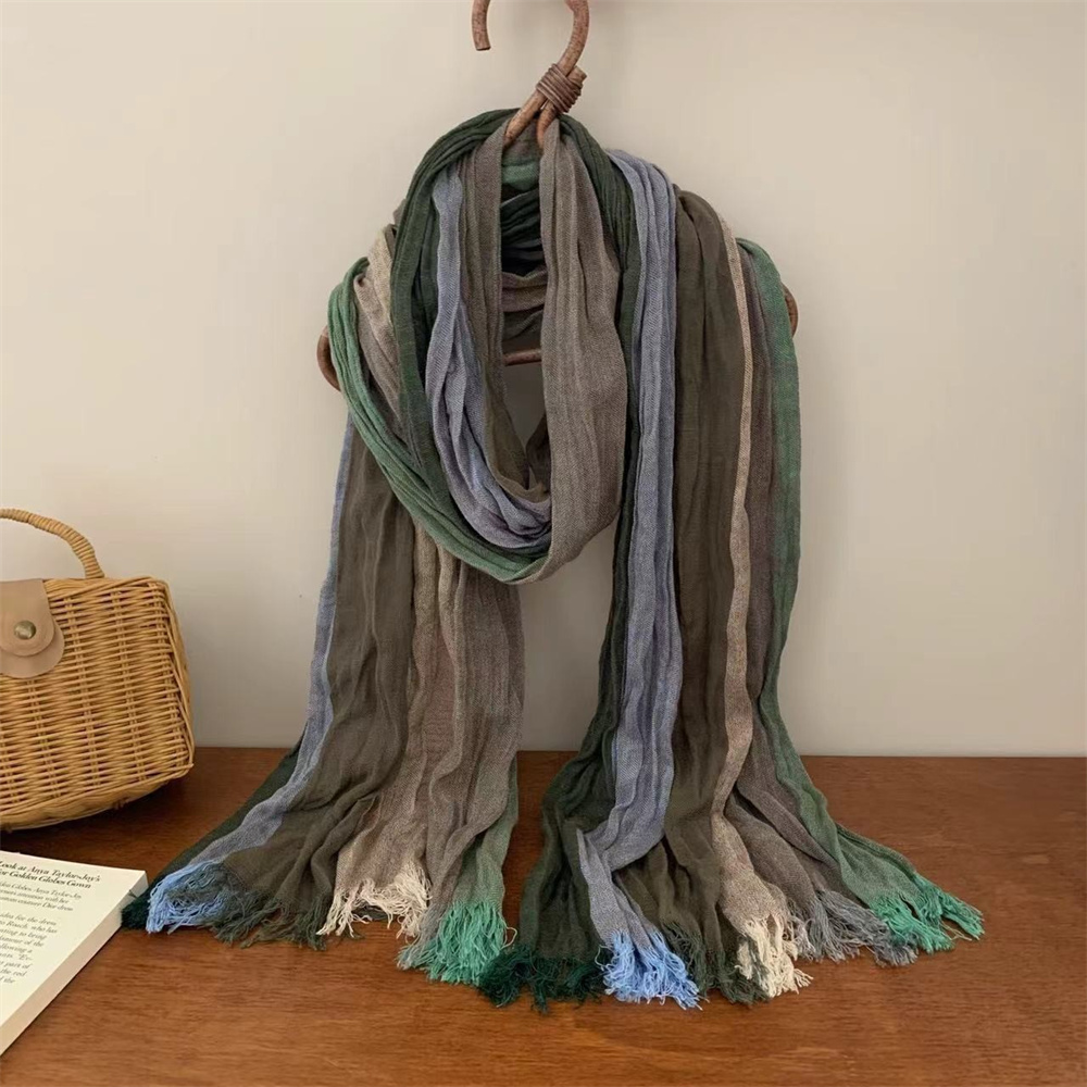 Écharpe longue à franges en lin mélangé style bohème rétro 2026 pour femme, dégradé de couleurs, respirante et douce, à rayures, pour usage quotidien