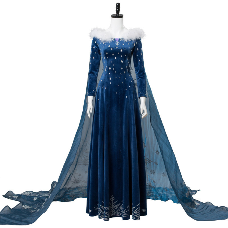 Déguisement Elsa Reine des Neiges Costume Adulte La Reine des Neiges : Joyeuses Fêtes Robe en Velours Bleu Foncé avec Cape de Noël pour Femme