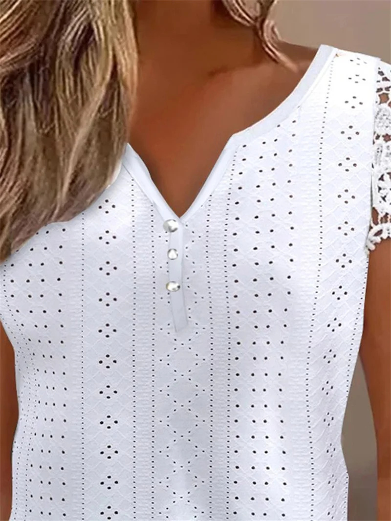 Femmes été mode Blouses hauts dentelle Patch boutonné décontracté col en v à manches courtes plaine quotidien Blusas chemise vêtements
