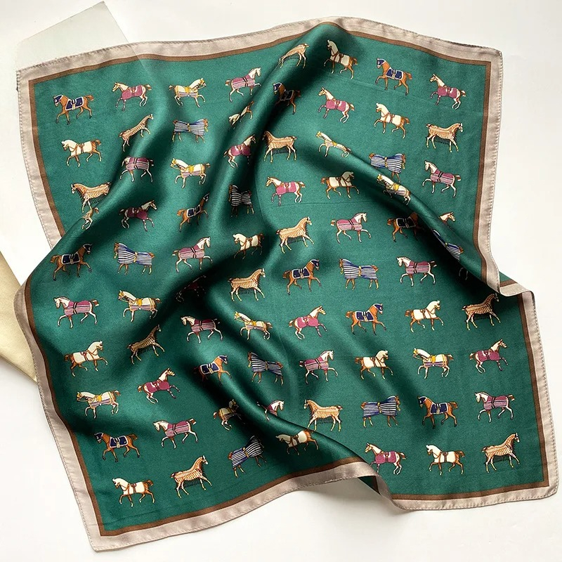 Écharpe de cou de marque de luxe pour femmes, écharpes de tête de cheval imprimées, écharpes de cheveux pour dame, écharpes de bureau, châles bandana carrés, injPresidency, 100%