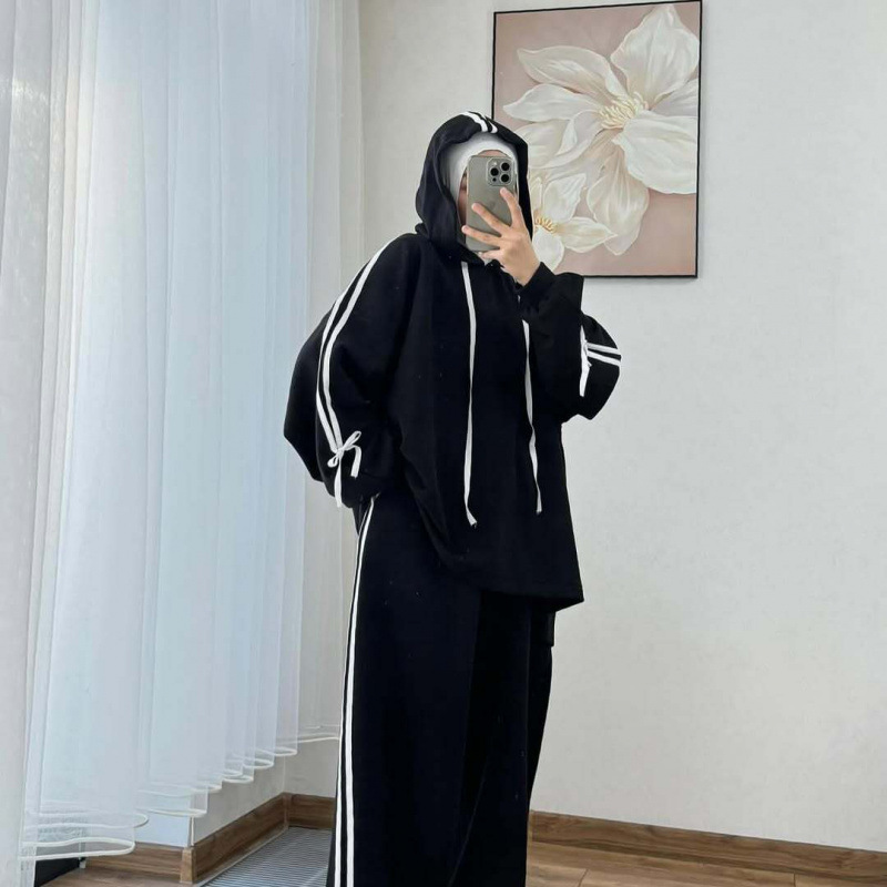 Costume musulman pour femmes, haut à capuche, pantalon à jambes larges, ensemble 2 pièces, sweat-shirt à capuche, tenues sportives à rayures, survêtement